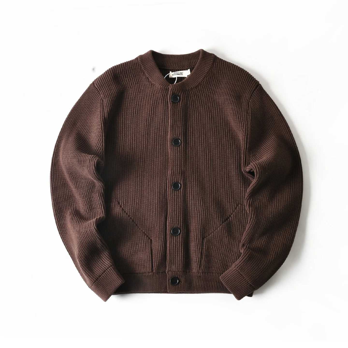 American Heavyweight Washed 100% Cotton Ribbed Knit Cardigan for Men Autumn Winter Loose-Fit Round Neck Casual Sweater Coats S2609187WFJ
