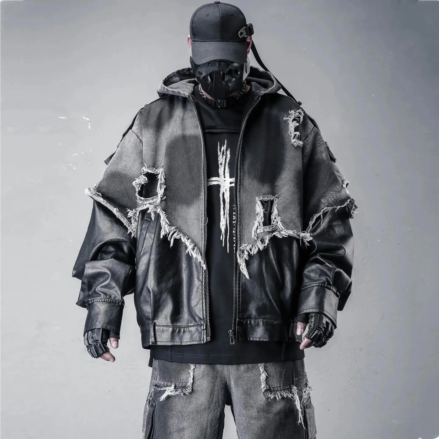 Ripped Hole Tassel Denim Patchwork Pu Leather Jacket Man Techwear Style Hip Hop Punk Hooded Jackets Vintage Leather Coat 260917
