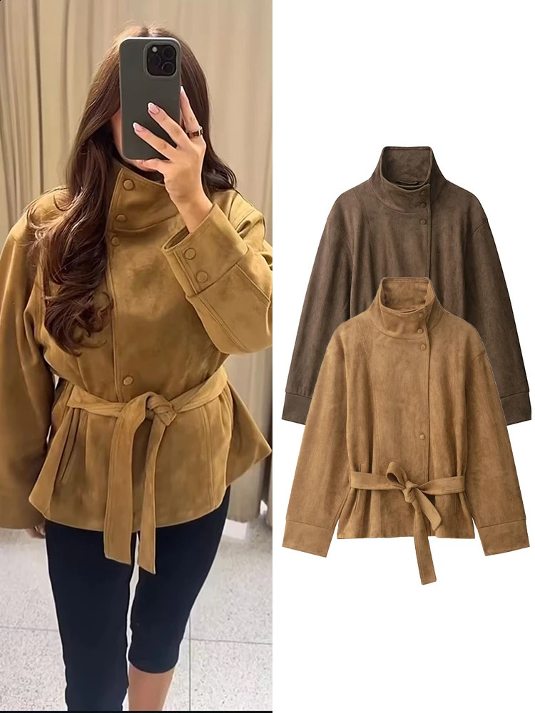 TFMLN Women Suede Jacket Fashion Stand Collar Belted Loose Fit Outerwear Autumn Winter Leisure Solid Vintage Jackets 260917