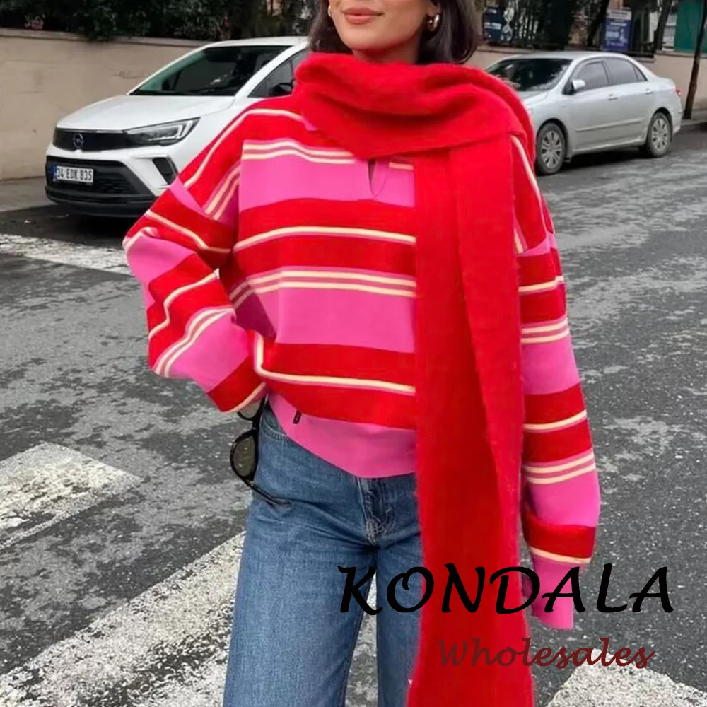 KONDALA Chic Spring Striped Plaid Streetwear POLO Shirt Women Knitwear Fashion 2026 Loose Modern Casual V-Neck Female Sweaters 260917