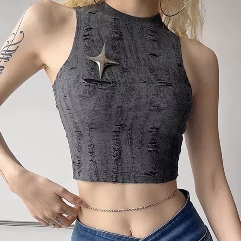 Mock Neck Knitted Crop Tank Top for Women Distressed Sleeveless Sweater Vest egirl Y2k 90s Aesthetic Grunge Outfit y260905
