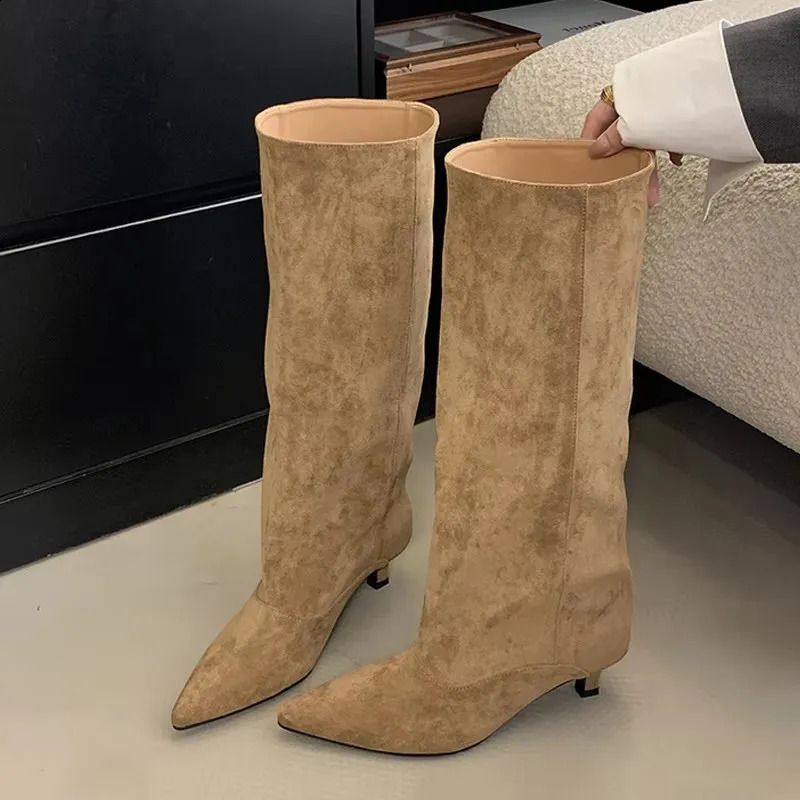 Liyke Autumn Winter Sexy Women Knee-High Boots Street Style Pointed Toe Thin Low Heels Cowboy Ladies Shoes Long Botas De Mujer 260917
