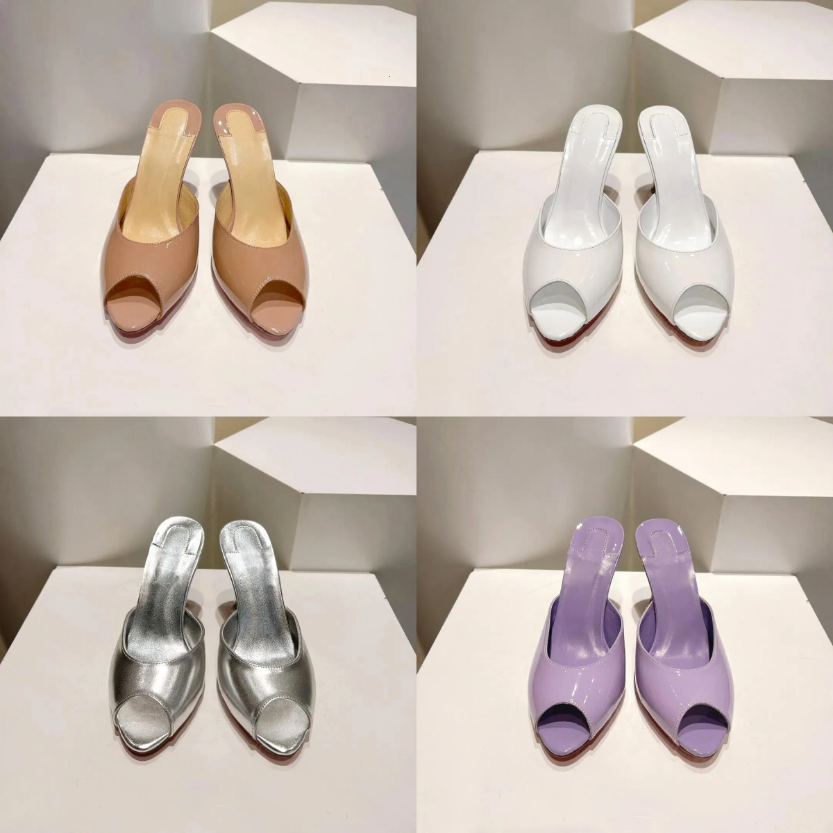 womens Rhinestone Crystal Peep Toe Mules Slides Mid Heel Sexy Party Evening Sparkling Glamorous Trendy Designer Luxury 10A High Quality Summer Fashi