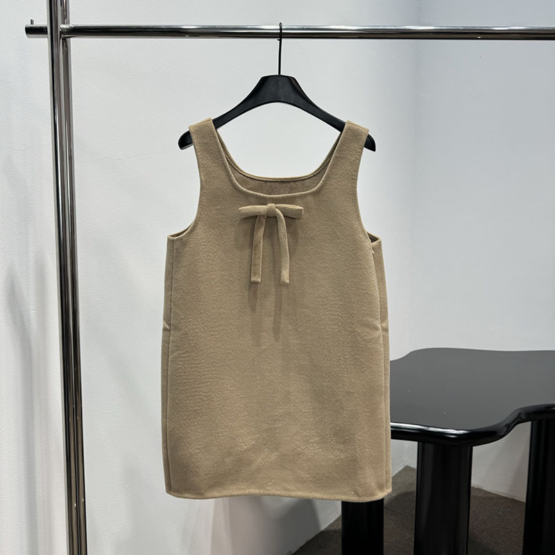 Khaki Pinafore Dress For Women Round Neck Bow Decor Loose Mini Dresses Summer Resort Vacation Beach Vintage Pencil Dress