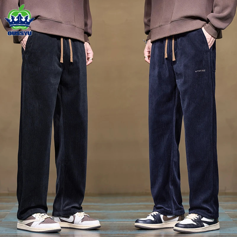 Autumn Winter Men's Corduroy Pants Elastic Waist Fashion Stretch Loose Straight Black Grey Thick Trousers Male Plus Size M-5xl 260917