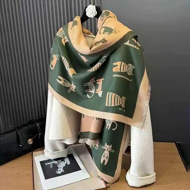 Cute cartoon Cat Double-Sided Double-Wear Faux Cashmere Women's Winter Thickened Warm and Cold-Proof Scarf Shawl for Students X260917