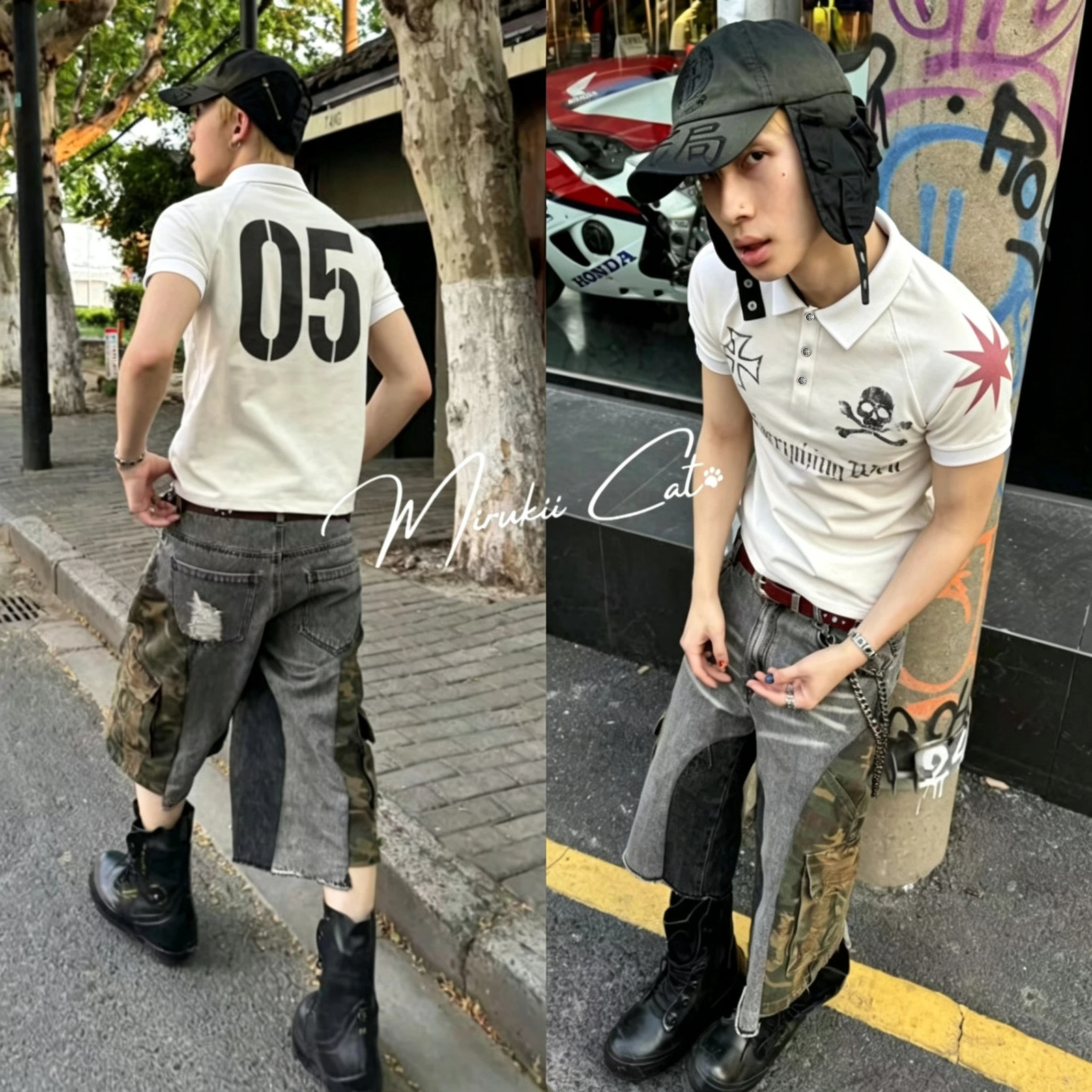 Men's Polo Summer Y2K White Skull Polo Shirt America Retro Street Minimalist and Fashionable Hip Hop Y2K Print Polo Shirt 260917