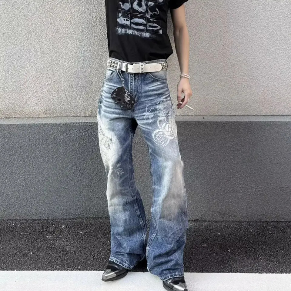 Mens Fashionable Printed Patterns Jeans Casual Pants Summer Streetwear Wideleg Trousers Male High Waist Sweatpants 260918