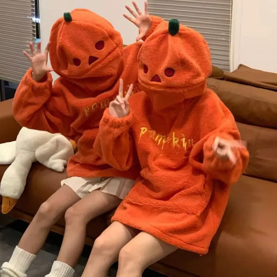 Halloween Party Pumpkin Head Lamb Fleece Couple Style Y2k Oversized Hoodie Hooded Sweatshirt Embroidery Streetwear 260918