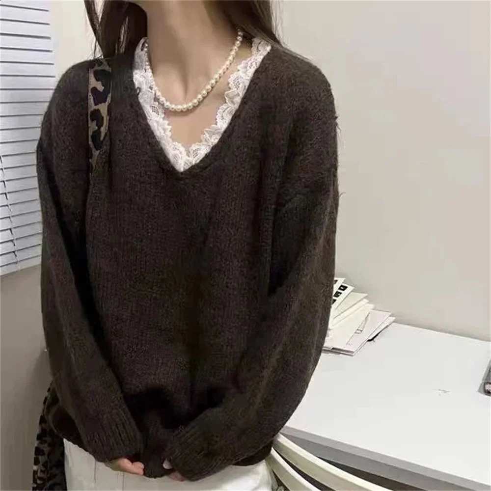 Spring Autumn V-Neck Lace Patchwork Long Sleeved Pullover Casual Loose Tops Female Winter Clothes Solid Women's Knitted Sweater 260917
