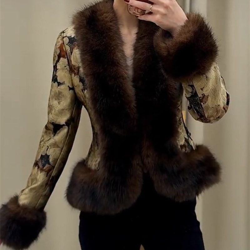 Women Floral Jacquard Faux Fur Trim Jacket V Neck Single Button Long Furry Cuff Cropped Coats Vintage Winter Warm Party Coat 260917
