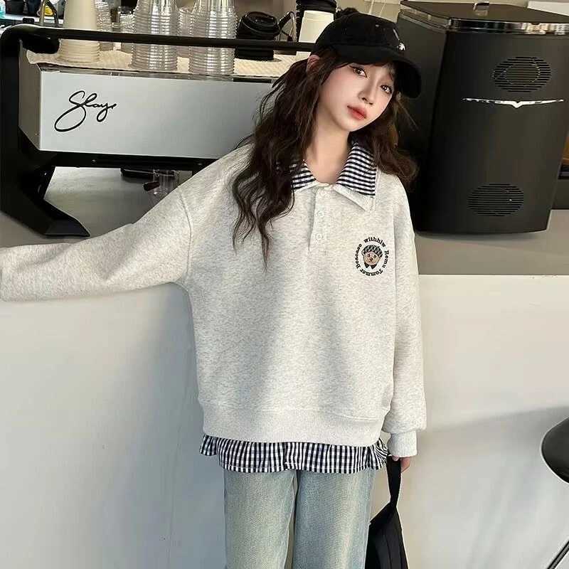 Spring Tween Girls' 2025 New Slish Two-Piece Shirt Collar POLO Double-Layer Crewneck Sweatshirt for Middle-Big KidsW260917