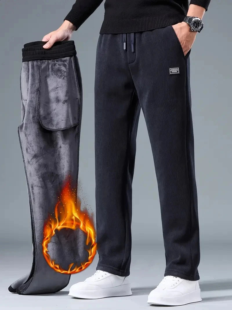 2025 Winter Corduroy Sweatpants Men Drawstring Fleece Lined Thick Warm Wide Leg Straight Casual Pants Male Loose Trousers 260917