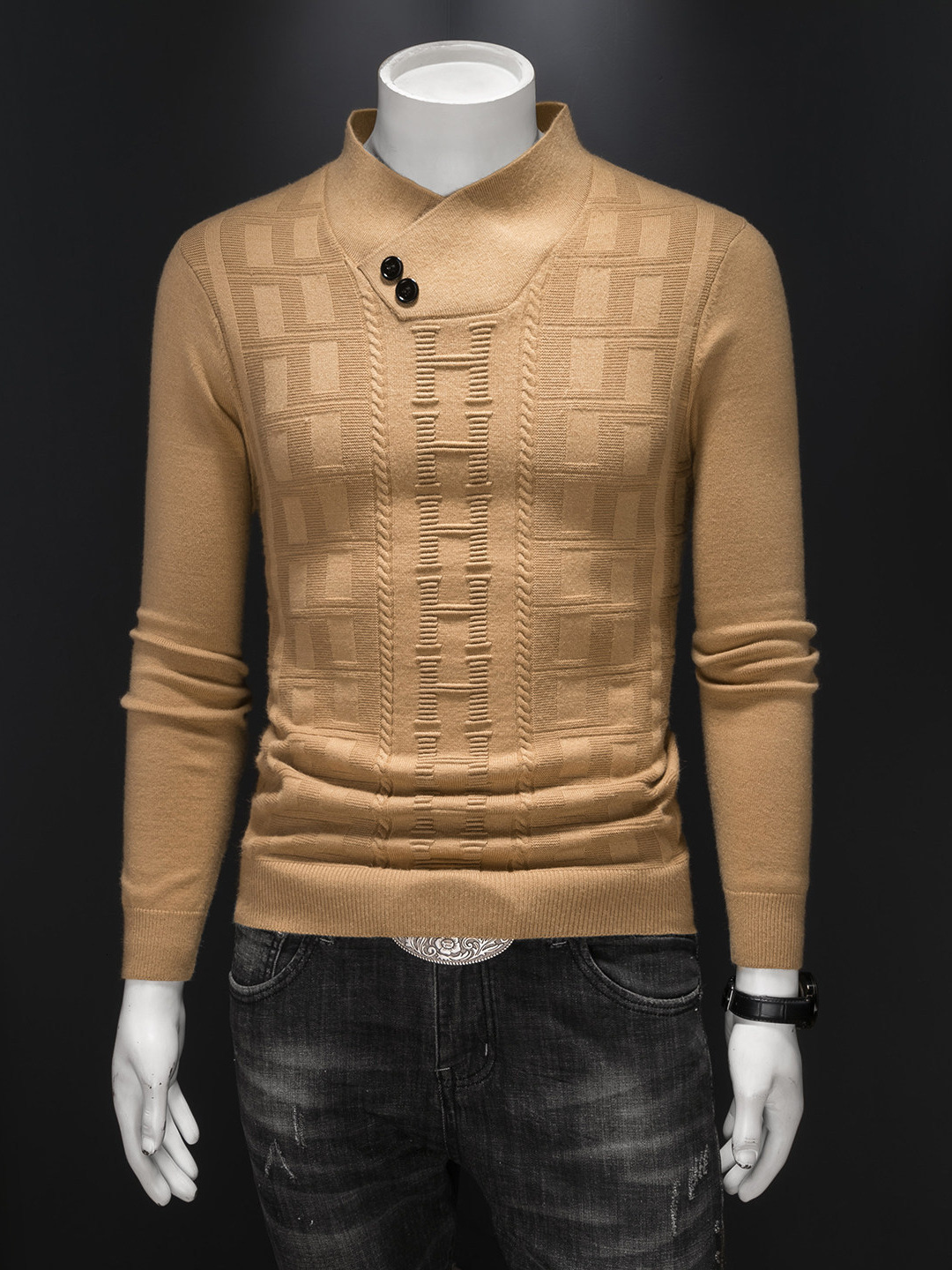 European style 2026 winter new men's wool V neck jacquard knit high quality casual sweater base layer