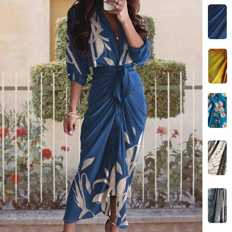 Designer Bestseller Elegant 2026 Summer Women Printed Long Sleeve V Neck High Waist Maxi Dress Casual Slim Fit Plus Size S-3XL