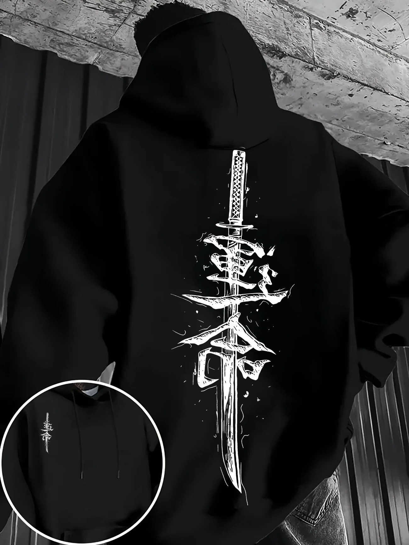 Japanese Christmas hoodie Katana Men's Sword Kanji Fate Letter Graphic Hoodie Vintage Brush Stroke Print Sweatshirt Autumn Winter Streetwear To