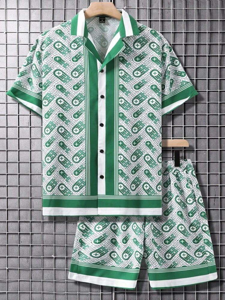 Shirt Set Mens Summer 3D Printed Shirt And Shorts Set Mens And Womens Fashion Casual Fresh Simple Lapel Hawaiian Shirt 260918