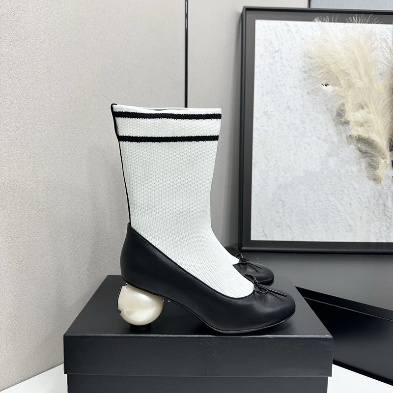 Women Spliced Sock Mid?Calf Boots Striped Knit Upper Pearl Ball Heel Bow Decor Round Toe Stretch Sock Boots Sweet Ladies Dress Short Boots