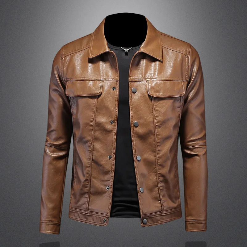 Autumn and Winter Mens Fashion Handsome with Solid Color Boutique Lapel Motorcycle Leather Coat Slim M5XL 260918