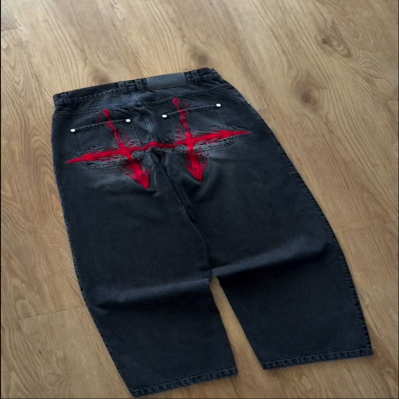 Y2K Vintage Loose Denim Pants Black Japan Cartoon Pattern Embroidered Jeans Women Wide Leg High Waist Streetwear Men 260915