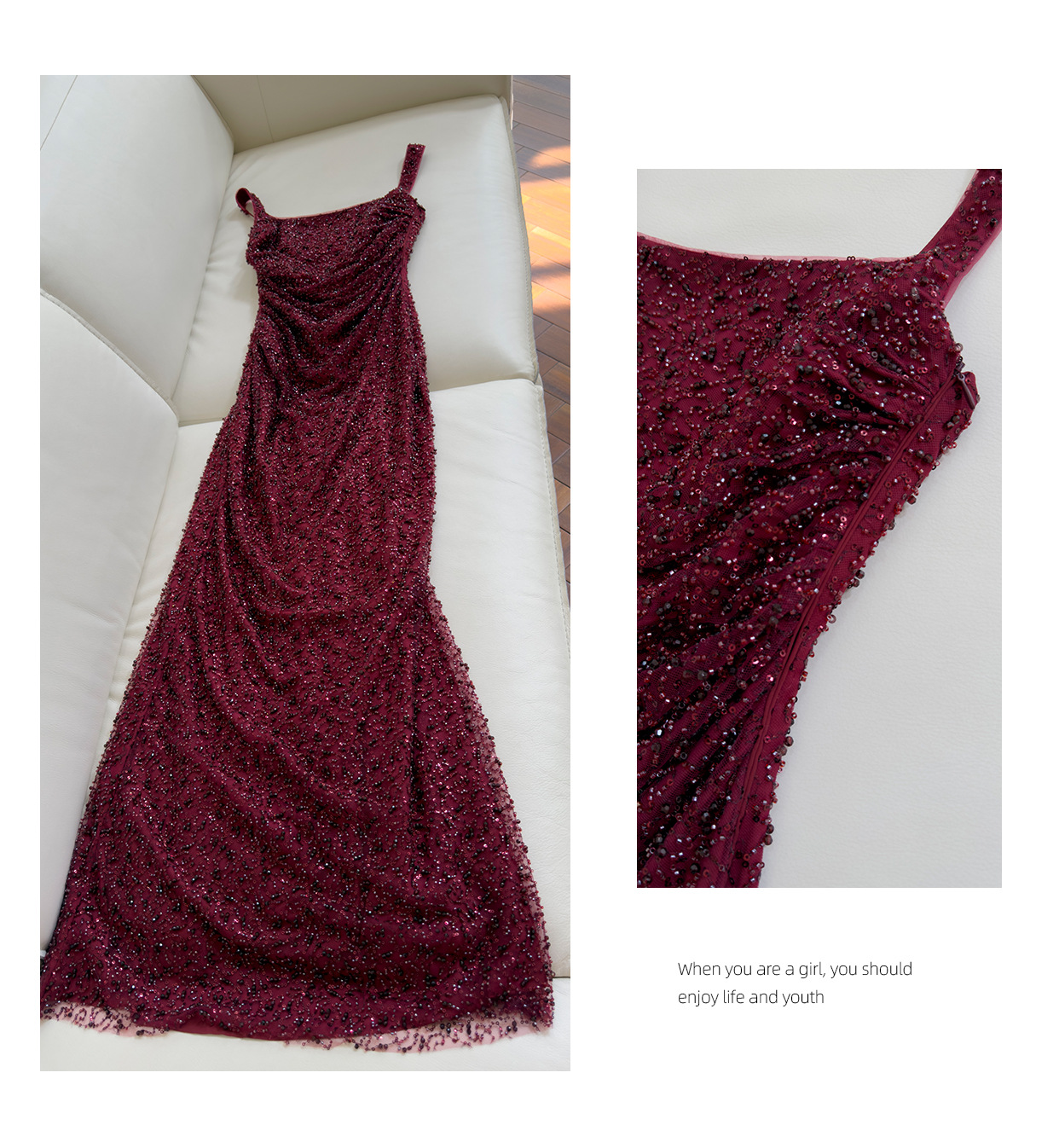 2026 Autumn Red Solid Color Beaded Dress Spaghetti Strap Square Neck Sequins Long Maxi Casual Dresses J6S179790 Haute Couture Check Size Chart Pleas