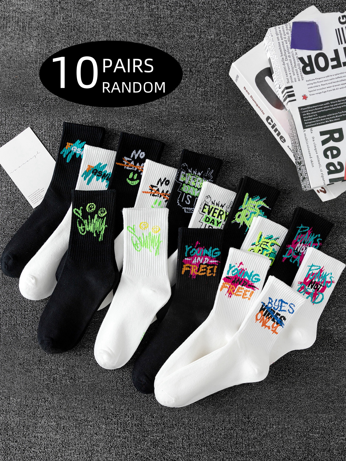 10 pairs of random style men's mid-calf socks with graffiti designs, versatile casual sports style, soft and comfortable, mo J260918