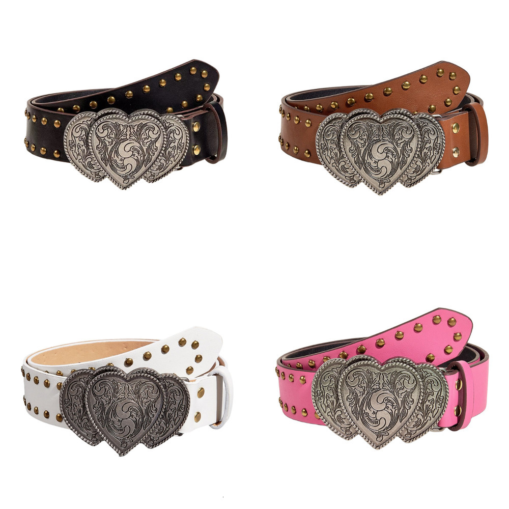 Designer Belt American retro studded belt with heart shaped buckle punk style Y K western cowboy versatile trendy waist belt Fashionable high-qualit