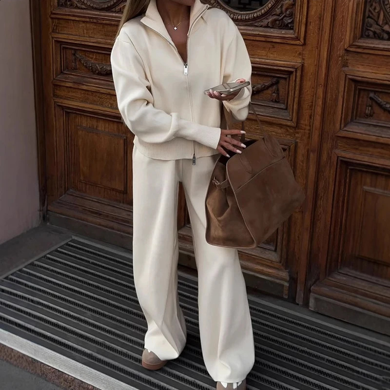 Spring Autumn Lady Solid Tracksuit Casual Knitted Cardigan Pants Sets 2 Pieces For Women Stand Collar Zipper Coat Wide Leg Pants 260917