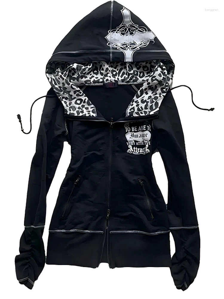 High Street Fashion 2000s Leopard Print Punk Aesthetics Hooded Sweatshirt Spicy Girl Personalized Emo Jacket Top For Streetwear