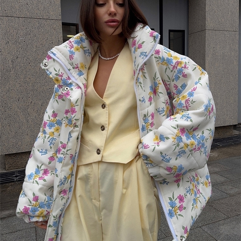 Bornladies Women's Puffer Jacket Stand Up Collar Zipper Closure Floral Print Warm Cotton Filled Coat Oversized Autumn Winter260917ww