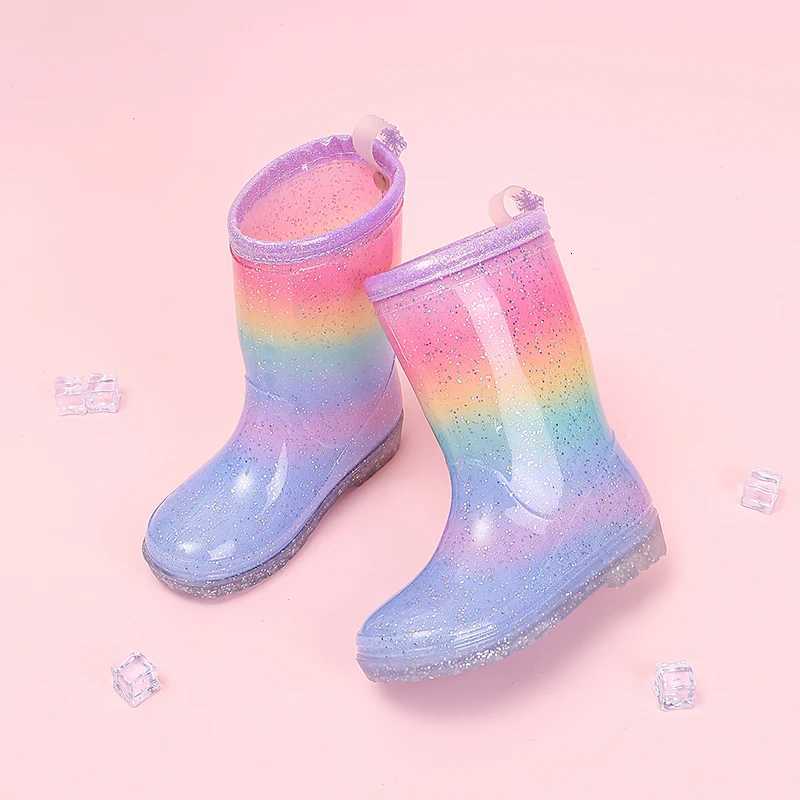 Toddler Girls Rainbow Glitter Rain Boots Princess Cartoon Waterproof Non-Slip Lightweight with Handles for Outdoor Rainy Day Use X260917
