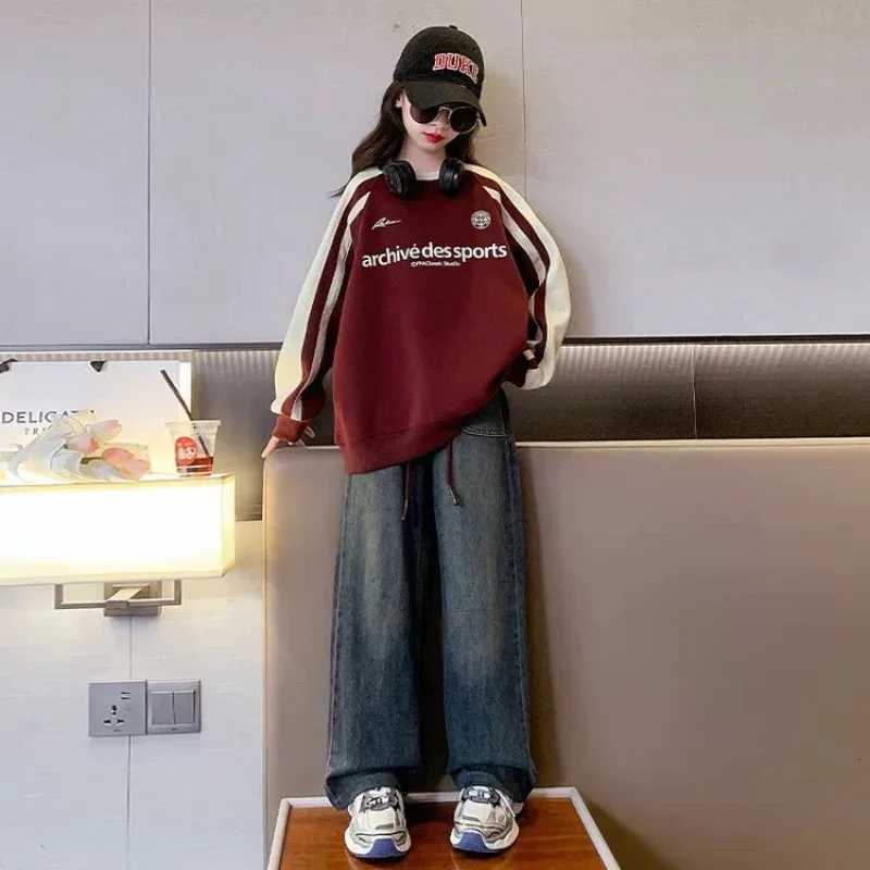 Spring/Autumn New Girls' Winter 2025 Fleece-Li Color-Block Ribbon Trim Crewneck Top for Tween Big KidsW260917
