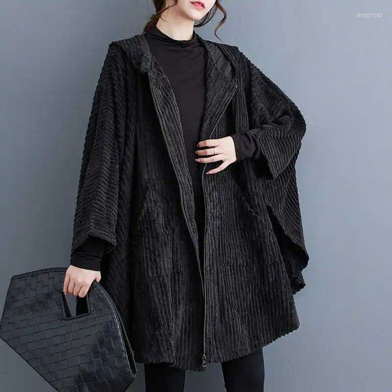 Women's Autumn And Winter Korean Fashion Trend Hooded Corduroy Bat-sleeve Loose Simple Solid Color Zipper Coat Y2k Jacket