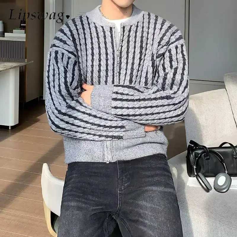 Trendy Twist Crochet Knitting Sweatercoats Men Autumn Fashion Slim Knit Cardigan Tops Men's Casual O Neck Zip-up Sweater Jackets S260918Z1P6