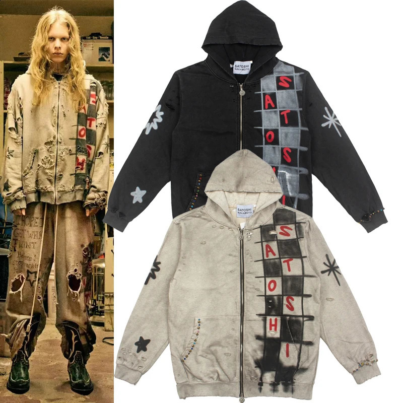 2026 SATOSHI NAKAMOTO Men Women Zip Hoodie Distressed Ripped Checkered Graffiti Star Rhinestone Street Jacket 260918