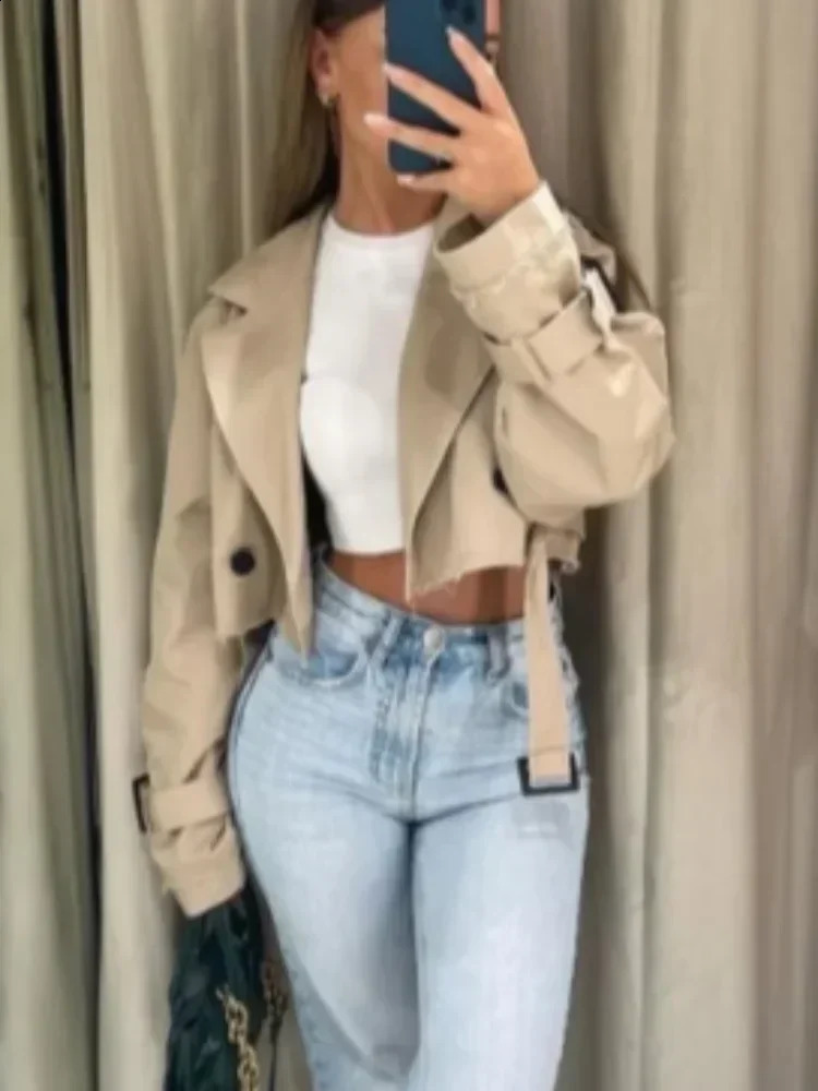 Womens Short Solidcolor Trench Coat Fashion Lapel Belt Top Highwaist Jacket Lady Allmatch Office Casual Street Outwear 260918