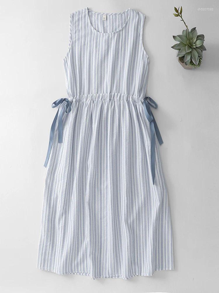 Summer Breathable Cotton Linen Stripe Sleeveless Vest Dress Women's Loose Waist Cinched Small Size Casual Comfortable