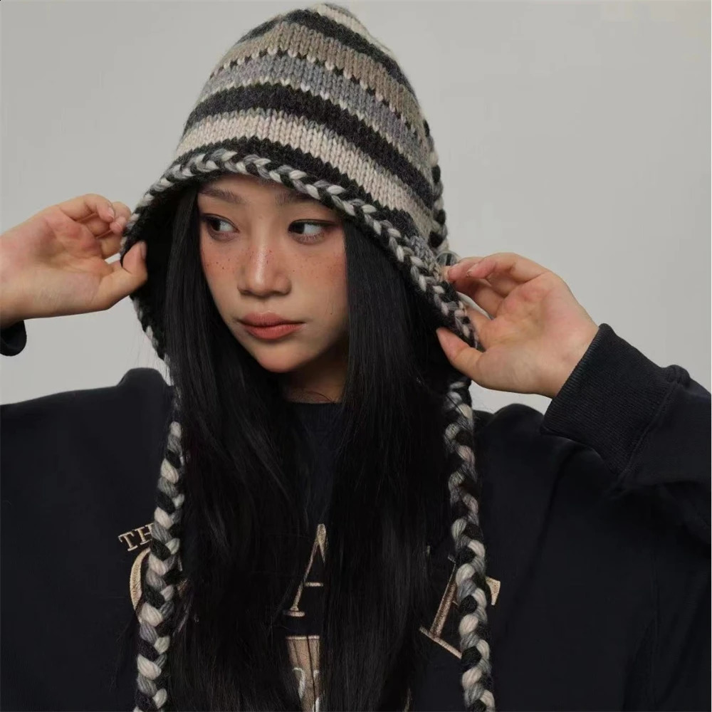 Geometric Stripes Winter Thickened Warm Hat Large Long Braid Tassel Ear Protection Hats Women's Nepalese Lined Thick Knitted Cap 260917