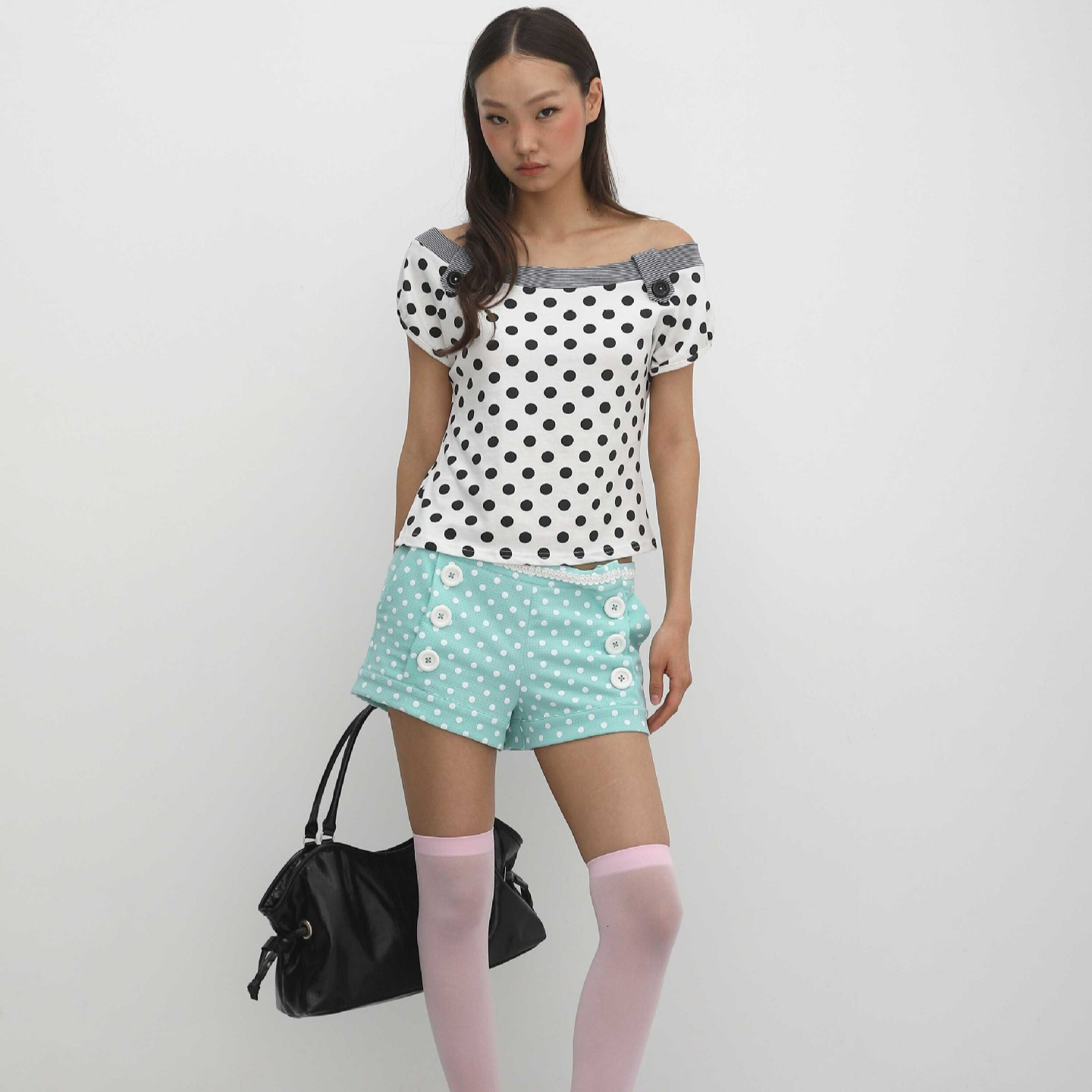 Polka dot striped patchwork one-shoulder T-shirt with bow tie and flowing straps, off-the-shoulder, slim-fit, retro, sweet girl style, short-sleeved