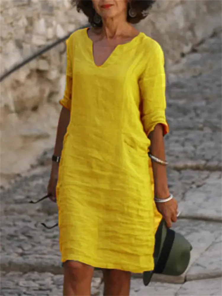 Women Casual Dress Women Casual Dress Everyday Quarter Vintage V Neck Loose Waist Midi Beach Clothing Green Everyday everyday Blue Yellow Robe Ladie