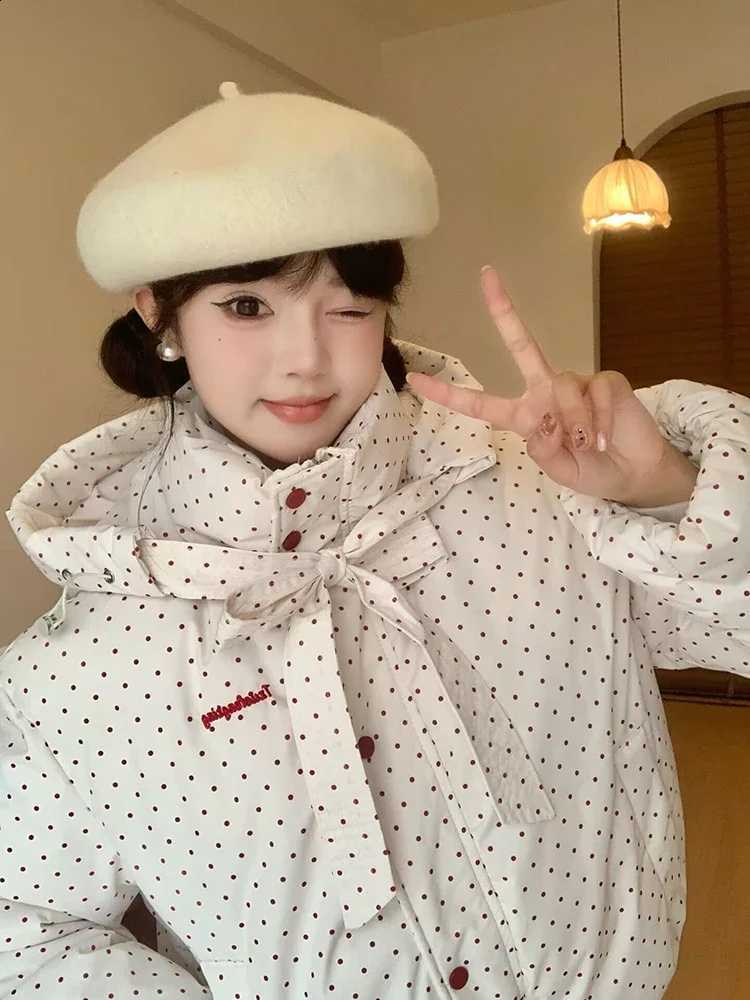 Sweet Polka Dots Hooded Parkas Women Winter Thick Lace Up Bow Cute Puffy Coats Japanese Preppy Casual Kawaii Female Warm Outwear H260917