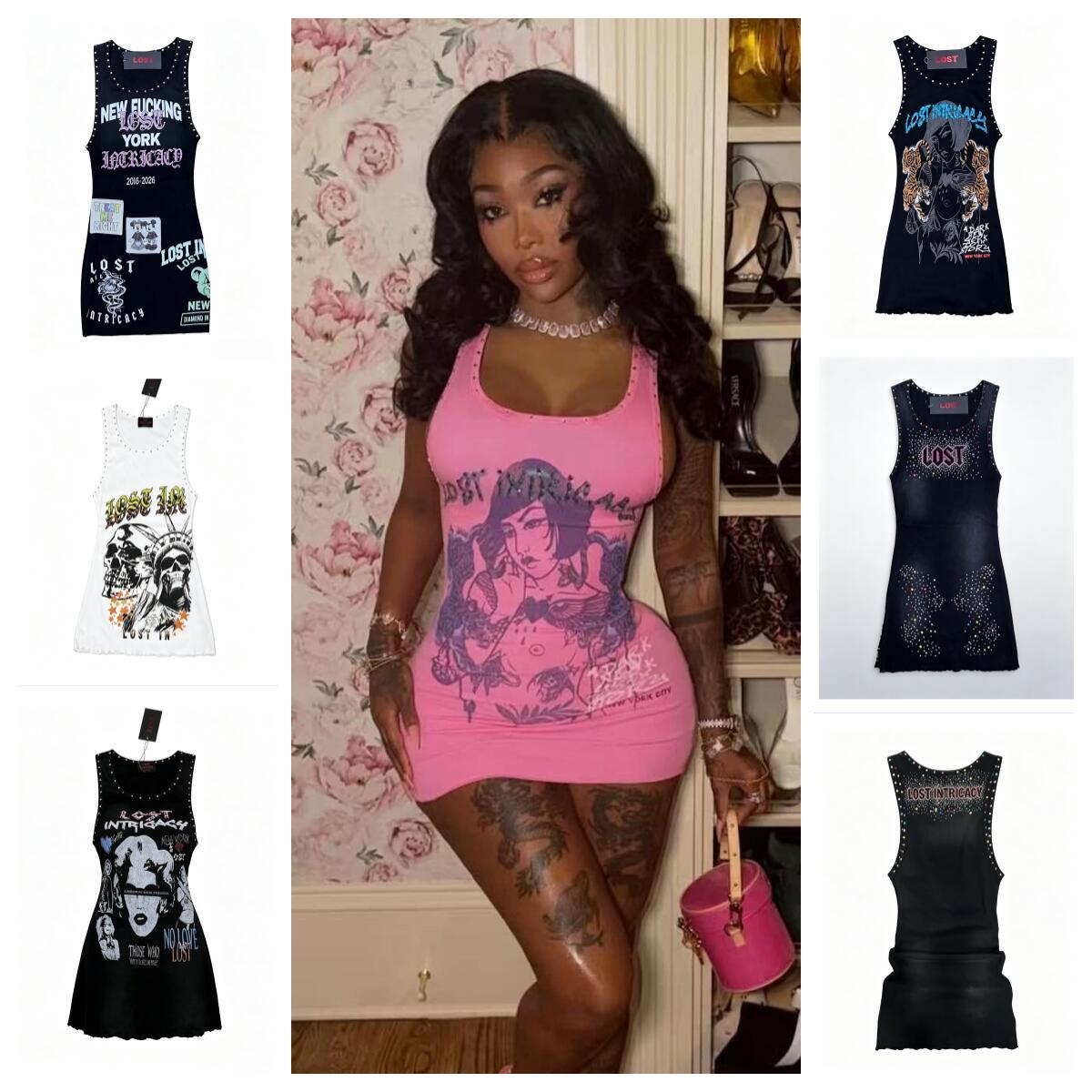 Casual Dresses Pink Sexy Letter Pattern Print Bodycon Mini Dress Women Spaghetti Strap Sleeveless Slim Vestidos Fashion Hot Girl Street