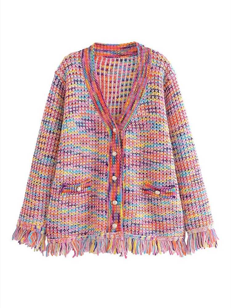 Rainbow Autumn 2024 New Color Knitted Sweater Women Fashion Tassel Decoration Cardigan Vintage Single-Breasted Causal Tops J260916