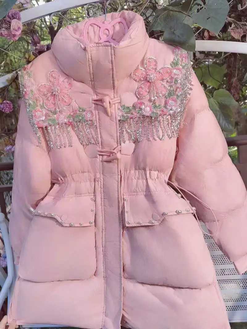 Women Autumn Winter New Trend Slim Down Coat Handmade Sequin Beaded 3D Flower THiCKened Down Coats White DuCK Down JaCKets H260917