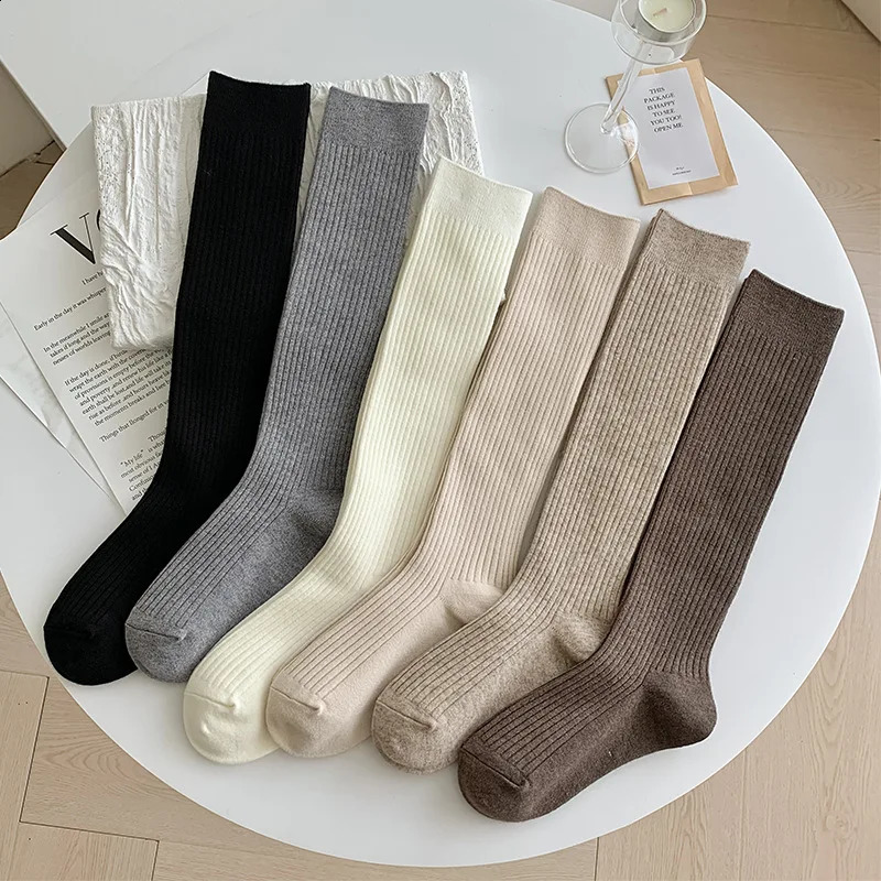 SP CITY Autumn Winter Solid Color Stripes High Socks College Style Casual Warm Wool Calf Socks JK Academy Female Cashmere Sock 260917
