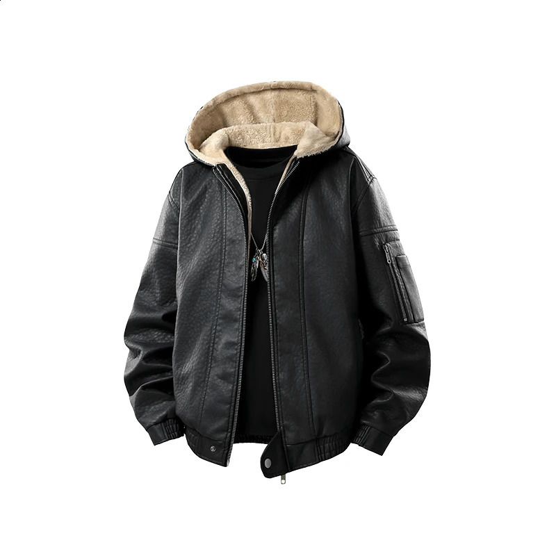 Casual Hooded Leather Jacket Warm Winter Mens Quality PU Faux Leather Locomotive Jacket Thicken Fleece Motorcycle Coat 260917