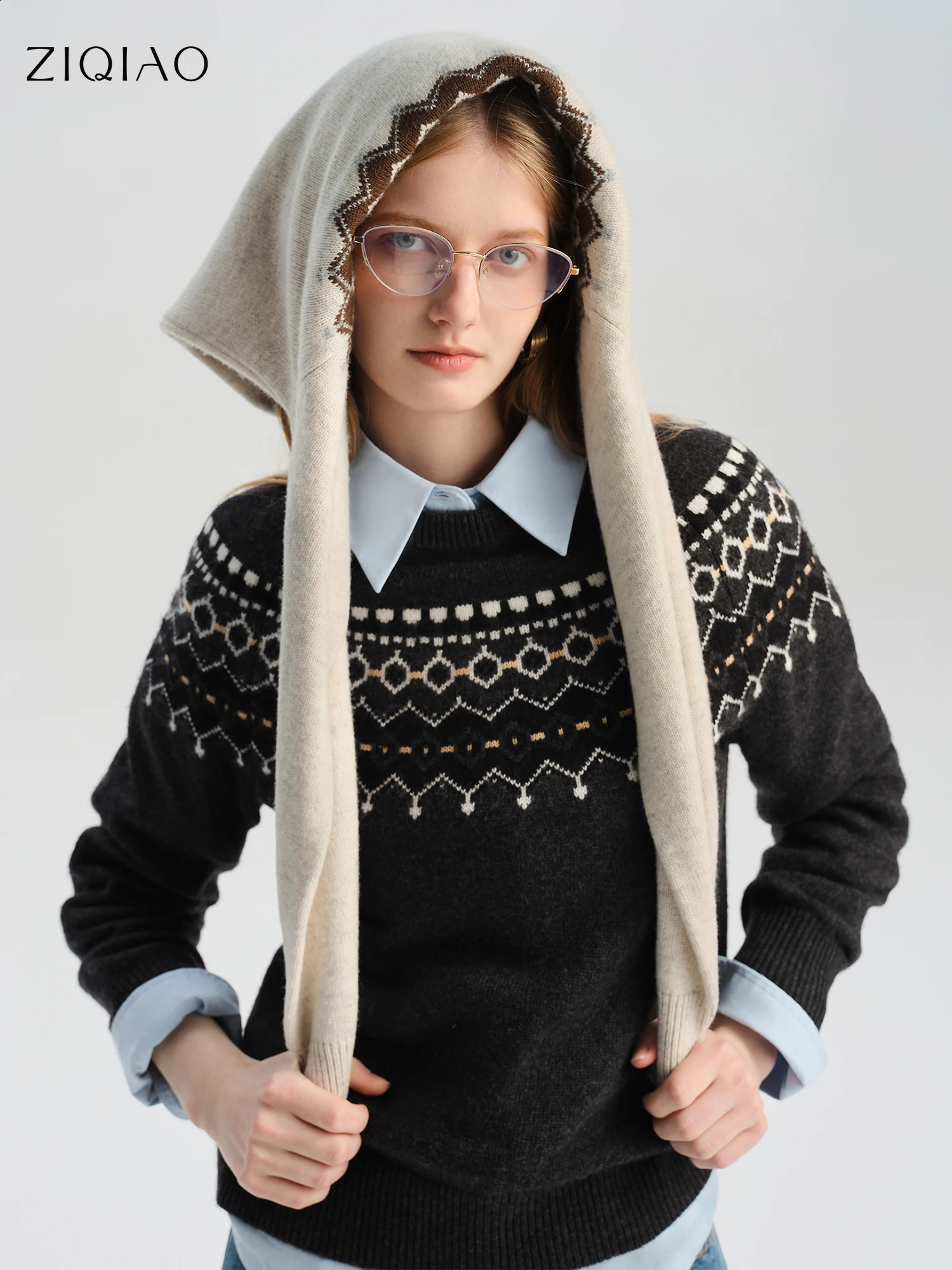ZIQIAO Winter Arrival Chic Patterned Fair Isle Sweater for Petite Women Vintage Inspired Wool Knitwear Wool Tops 260917