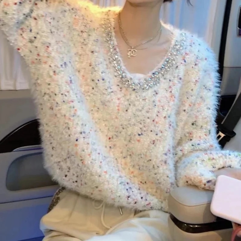 Bead color polka-dot stitching soft waxy sweater women's autumn and winter lazy wind fashion temperament long-sleeved top 260917
