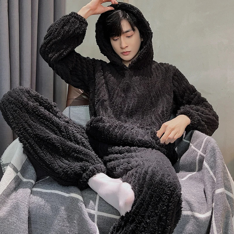Flannel Men's Long Sleeve Pajama Set Autumn Winter Warm Hooded Coral Fleece Black Color Loungewear pyjama homme L-3XL Dropship 260917