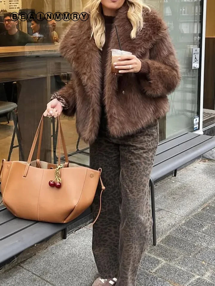 Brown Fluffy Fur Jacket Women's Casual Lapel Loose Long Sleeves Thicken Warm Short Coat Winter Lady Commute Streetwear 260917
